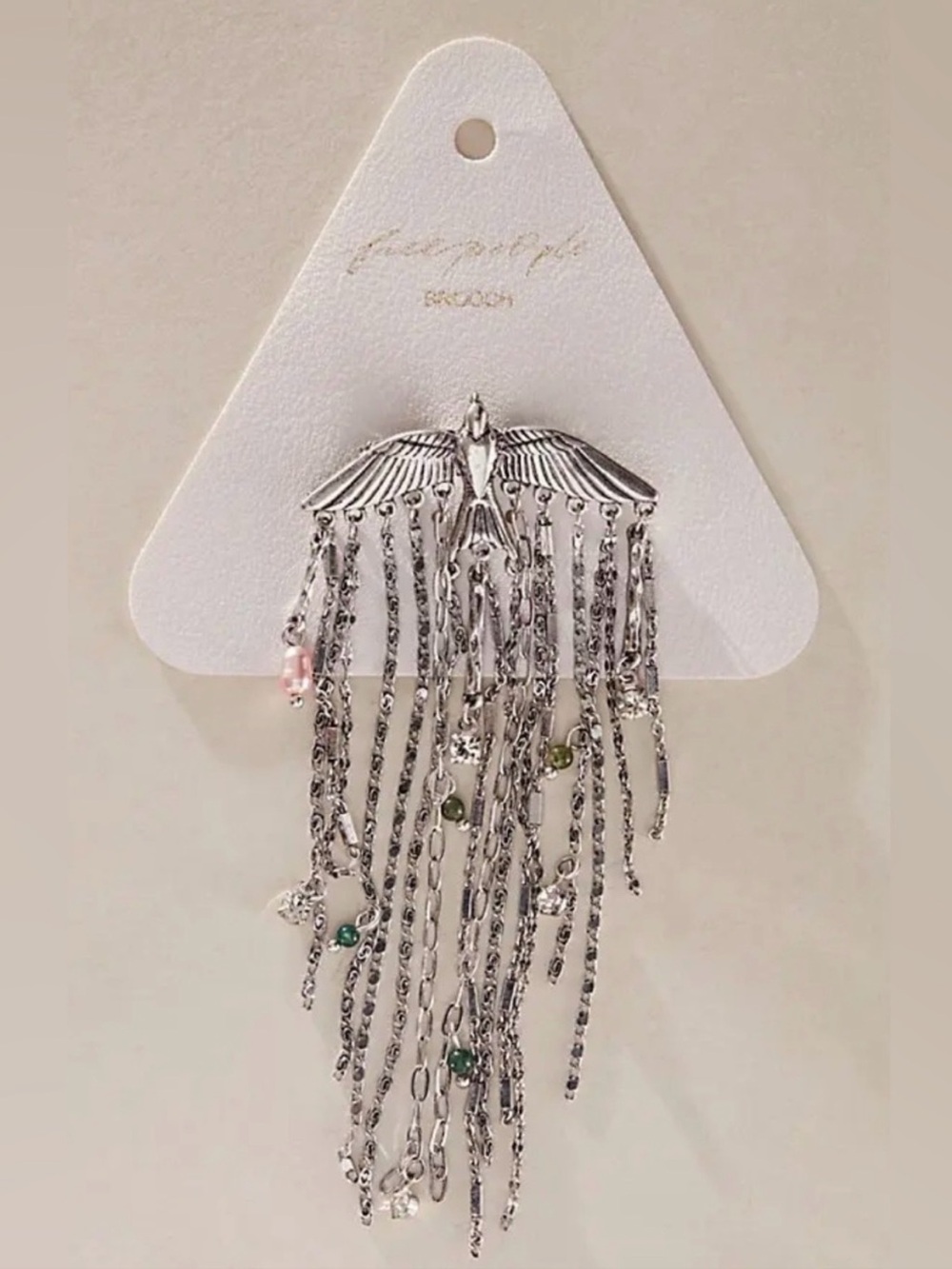 Free People Cresta Dangle Brooch flying bird motif Silver tone